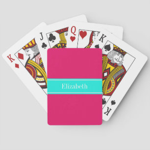 Solid Raspberry, Bright Aqua Ribbon Name Monogram Playing Cards