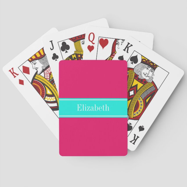 Solid Raspberry, Bright Aqua Ribbon Name Monogram Playing Cards (Back)
