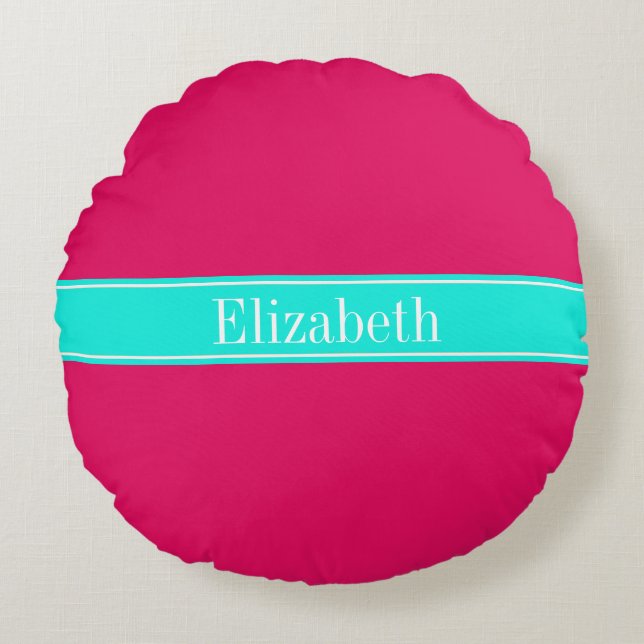 Solid Raspberry, Brt Aqua Ribbon Name Monogram Round Cushion (Front)
