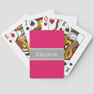 Solid Raspberry, Dark Grey Ribbon Name Monogram Playing Cards