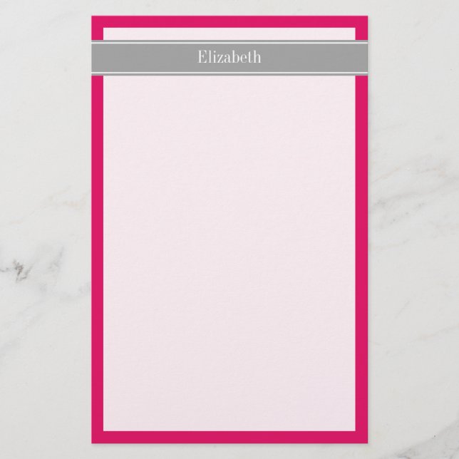 Solid Raspberry, Dark Grey Ribbon Name Monogram Stationery (Front)