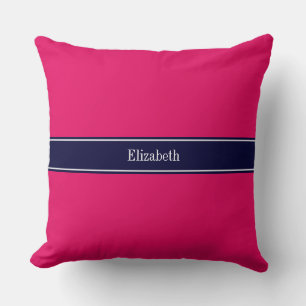 Solid Raspberry, Navy Blue Ribbon Name Monogram Cushion