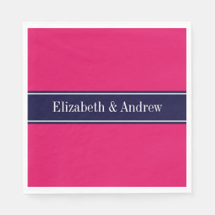 Solid Raspberry, Navy Blue Ribbon Name Monogram Napkin
