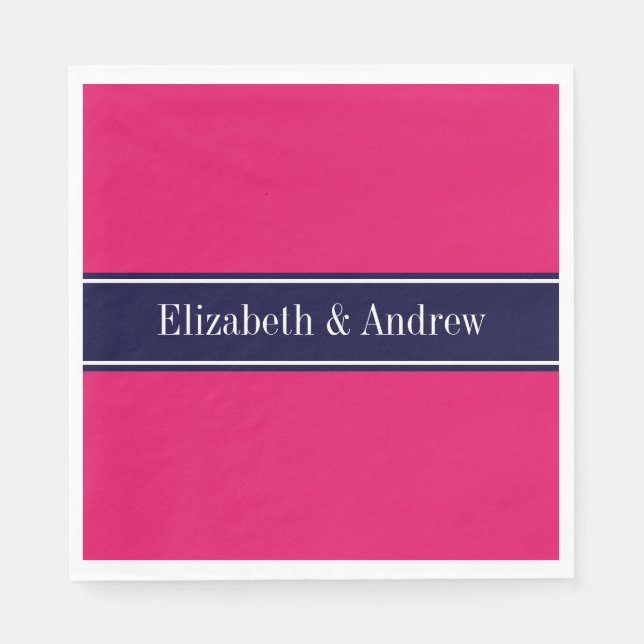 Solid Raspberry, Navy Blue Ribbon Name Monogram Napkin (Front)