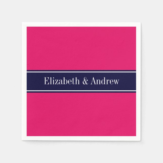Solid Raspberry, Navy Blue Ribbon Name Monogram Napkin (Front)