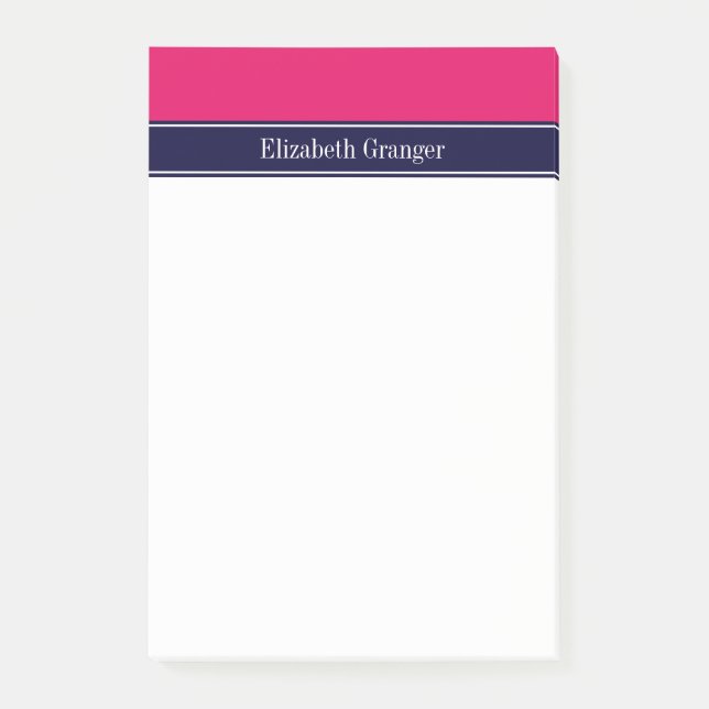 Solid Raspberry, Navy Blue Ribbon Name Monogram Post-it Notes (Front)
