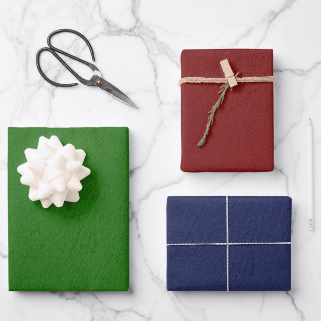 SOLID RED BLUE GREEN LINEN LOOK PATTERN WRAPPING PAPER SHEET (Front)