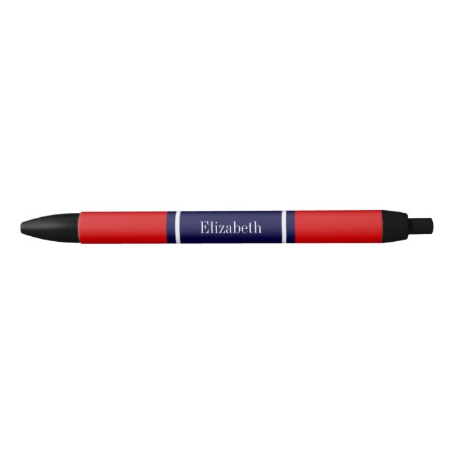 Solid Red, Navy Blue Ribbon Name Monogram Black Ink Pen (Front)