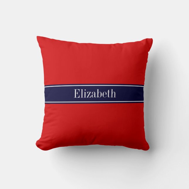 Solid Red, Navy Blue Ribbon Name Monogram Cushion (Front)