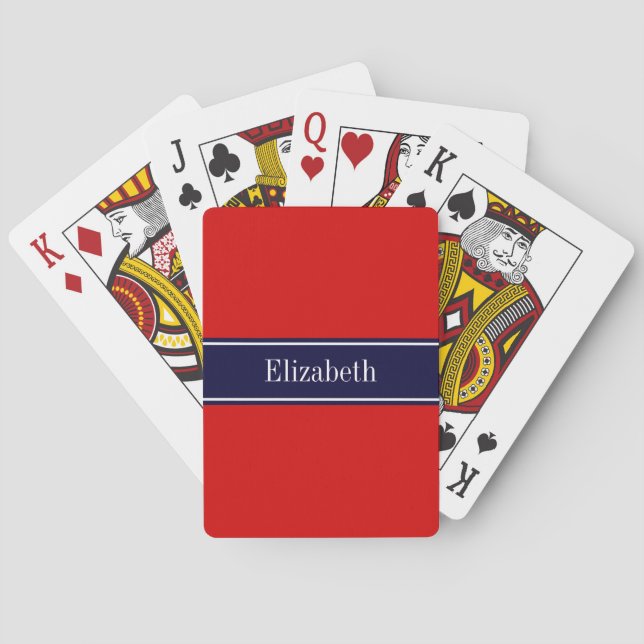 Solid Red, Navy Blue Ribbon Name Monogram Playing Cards (Back)