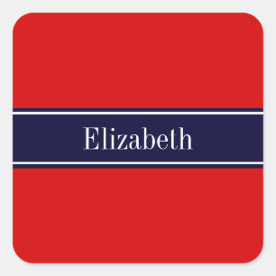Solid Red, Navy Blue Ribbon Name Monogram Square Sticker
