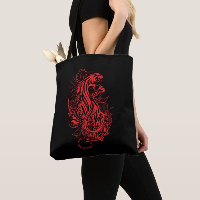 Solid Red Panther Gothic Tattoo Style Statement Tote Bag (Close Up)