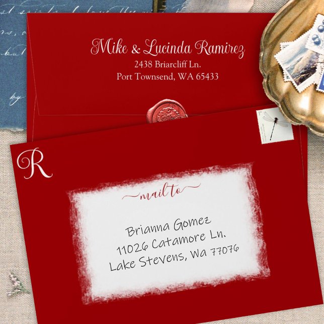 Solid Red Pre-addressed 5x7 Monogram Quinceanera Envelope (red quinceanera invitation 5x7 envelopes with monogram address printed on back, ruby red apple red)