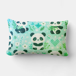 Solid Side and Panda Bear Pattern Green Print Lumbar Cushion