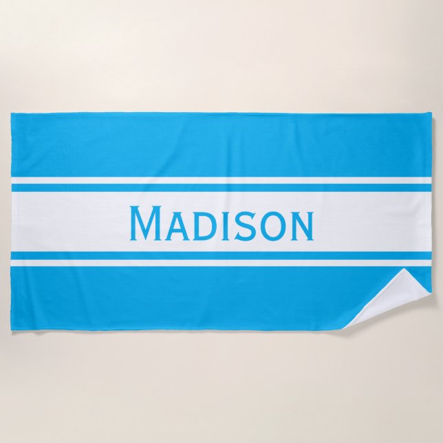 Solid Sky Blue White Stripes Modern Name Beach Towel (Front)