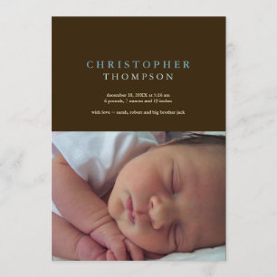 Solid sophistication brown blue photo baby birth announcement