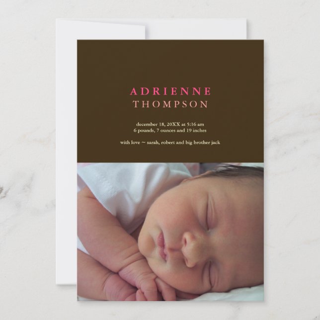 Solid sophistication brown pink photo baby birth announcement (Front)