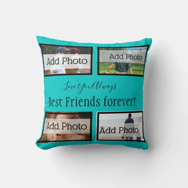 Solid teal blue Best friends Photo Cushion (Front)