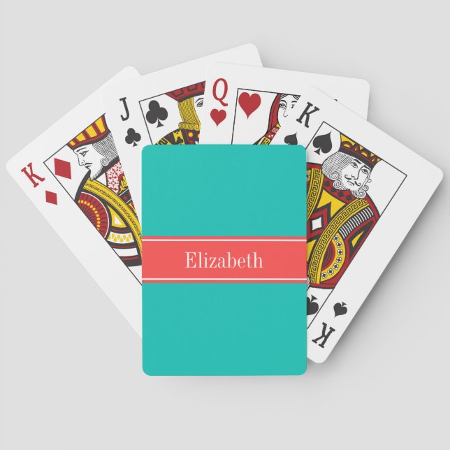 Solid Teal, Coral Red Ribbon Name Monogram Playing Cards (Back)