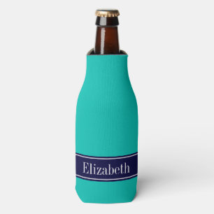 Solid Teal, Navy Blue Ribbon Name Monogram Bottle Cooler
