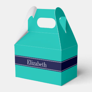 Solid Teal, Navy Blue Ribbon Name Monogram Favour Box