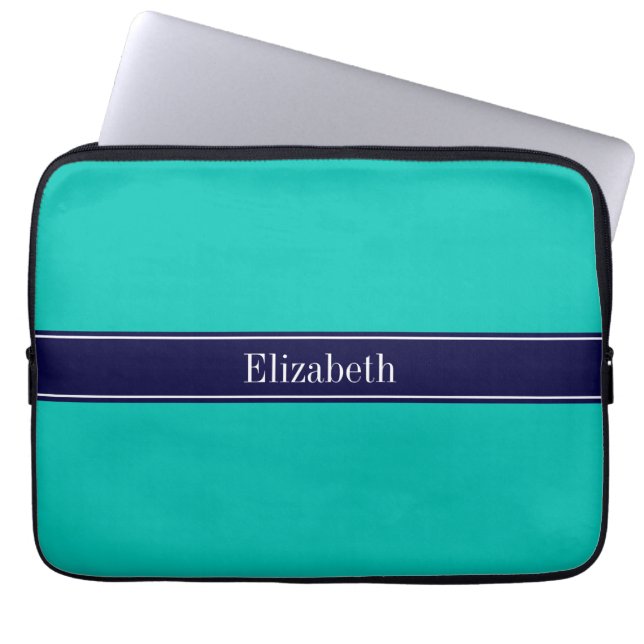 Solid Teal, Navy Blue Ribbon Name Monogram Laptop Sleeve (Front)