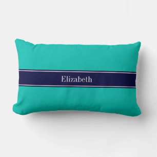Solid Teal, Navy Blue Ribbon Name Monogram Lumbar Cushion