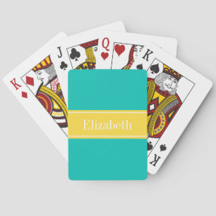 Solid Teal, Pineapple Ribbon Name Monogram Playing Cards