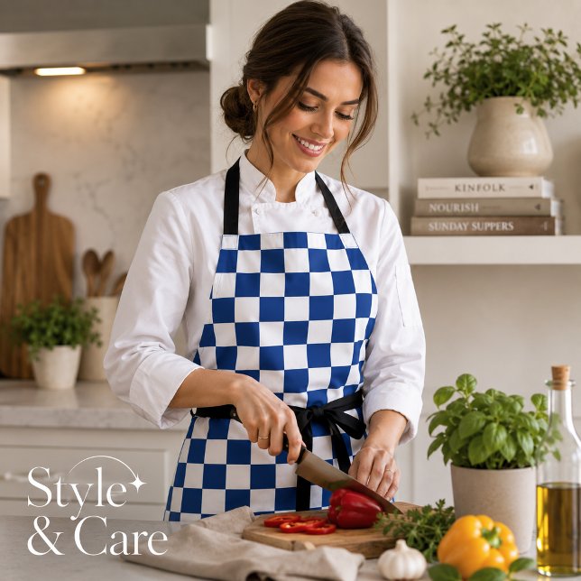 Solid White with Navy Blue Square Pattern Stylish Apron (Solid White with Navy Blue Square Pattern Stylish Apron)