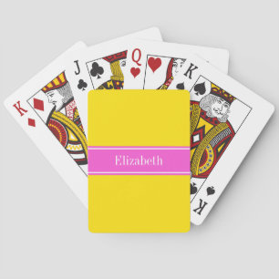 Solid Yellow, Hot Pink Ribbon Name Monogram Playing Cards