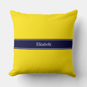 Solid Yellow, Navy Blue Ribbon Name Monogram Cushion