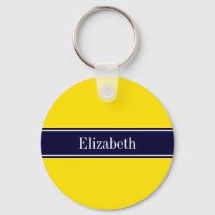 Solid Yellow, Navy Blue Ribbon Name Monogram Key Ring