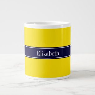 Solid Yellow, Navy Blue Ribbon Name Monogram Large Coffee Mug