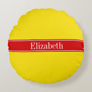 Solid Yellow, Red Ribbon Name Monogram Round Cushion