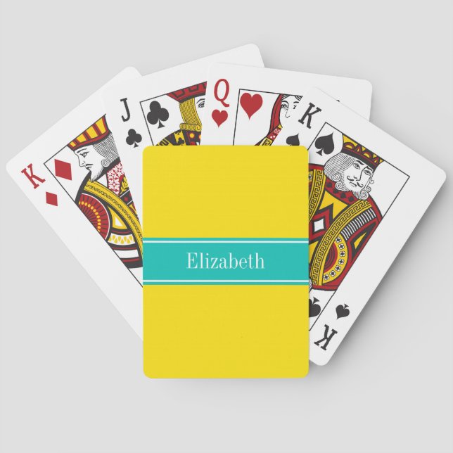 Solid Yellow, Teal Ribbon Name Monogram Playing Cards (Back)