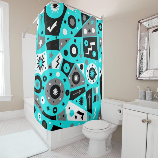Solidus Blue Geometric Shower Curtain (In Situ)