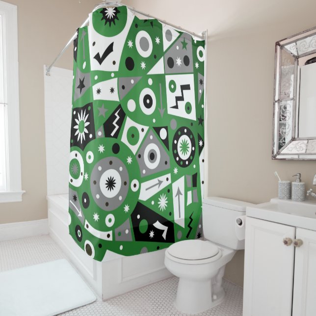 Solidus Green Geometric Shower Curtain (In Situ)