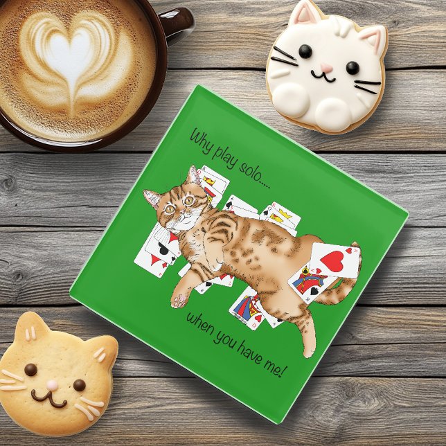 Solitaire Funny Orange Tabby Cat Playing Cards  Glass Coaster (Creator Uploaded)