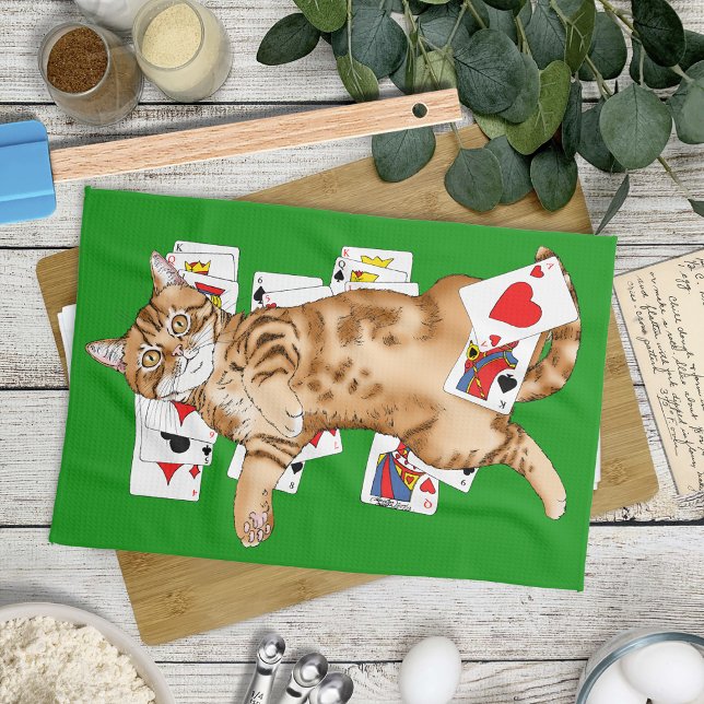 Solitaire Funny Orange Tabby Cat Playing Cards  Tea Towel (Creator Uploaded)