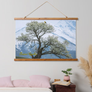 Solitary Blossoming Tree and Snowy Mountains Hanging Tapestry