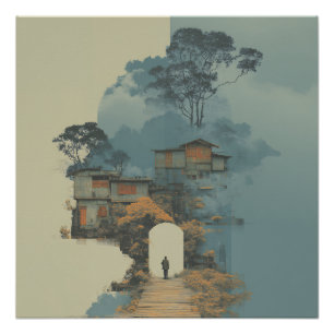 Solitary Figure Surreal Floating Shantytown Poster