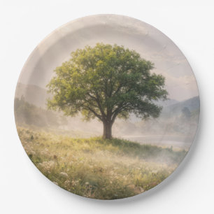 Solitary Green Tree in Mist with Sunbeams Paper Plate