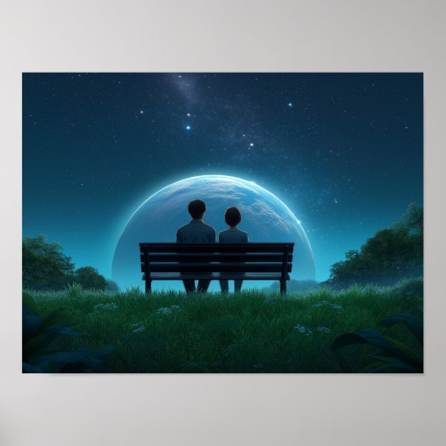 Solitary Man on Bench Watching Birds Black and Whi Poster (Front)