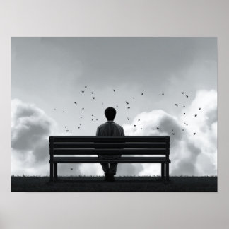 Solitary Man on Bench Watching Birds Illustration Poster