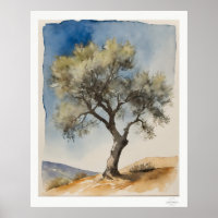 Solitary Olive Tree Botanical Art Print