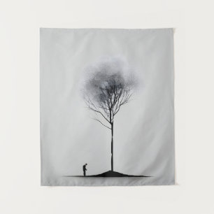 Solitary Reflection Minimalist Black and White Art Tapestry