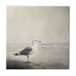 Solitary Seagull by the Shore Ceramic Tile