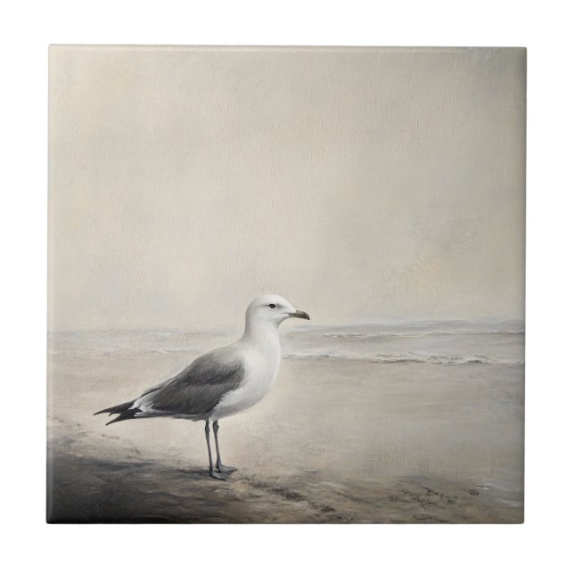 Solitary Seagull by the Shore Ceramic Tile (Front)