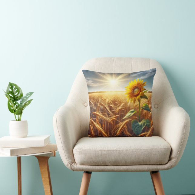 Solitary Sunflower In Wheat Field  Cushion (Chair)