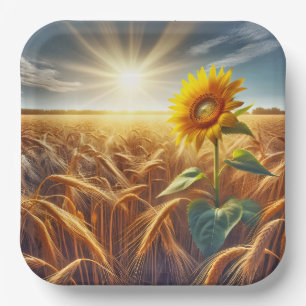 Solitary Sunflower In Wheat Field Paper Plate